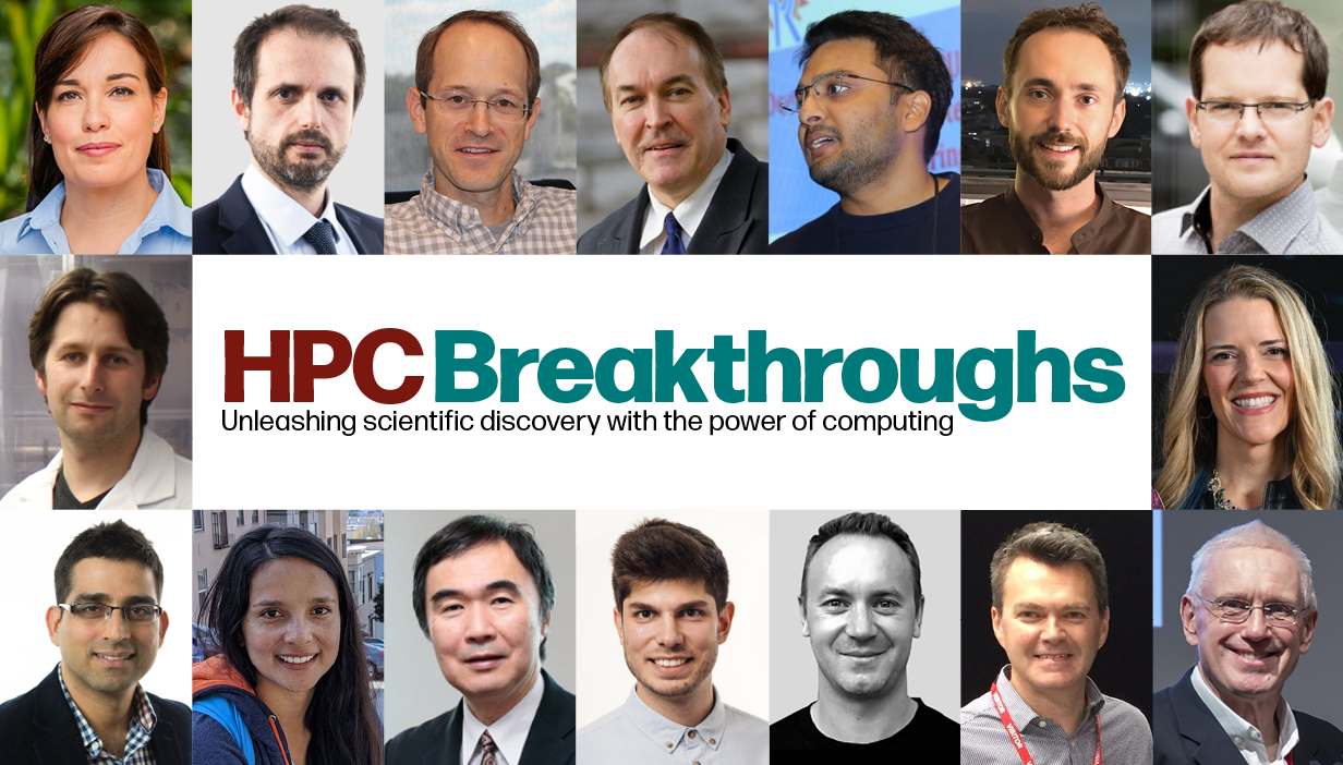 A montage of headshots of iterviewees in HPC Breakthroughs, surrounding text that reads 'HPC Breakthroughs - Unleashing scientific discovery with the power of computing'