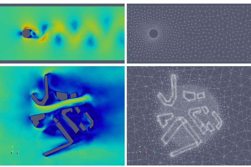 This shows two case studies used (and their respective mesh). You can see how dense the mesh is around the points of interest (cylinder). The top one is a traditional flow past the cylinder simulation (classical benchmark for these kinds of problems) and the bottom is a simulation including a small number of buildings (near Elephant and Castle, London). The latter mimics air pollution due to stationary vehicles. Both are 3D simulations.