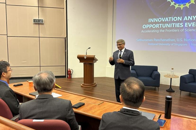 NSF Director Sethuraman Panchanathan presents at the National University of Singapore on November 19, 2024.