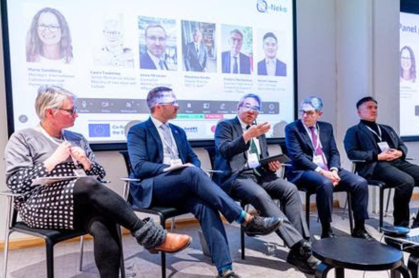 The panelists: Frédéric Barbaresco, Thales, France, Janne Hirvonen, Ministry of Foreign Affairs, Finland, Masahiro Horibe, AIST, Japan, Hiroshi Nakata, Q-Star, Japan, and Laura Taajamaa, Ministry of Culture and Education, Finland.