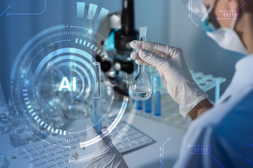 A scientist using a microscope with the words 'AI' on display.