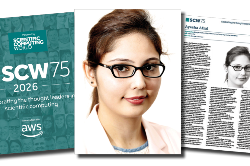 A headshot of Ayesha Afzal with an image of her SCW75 profile