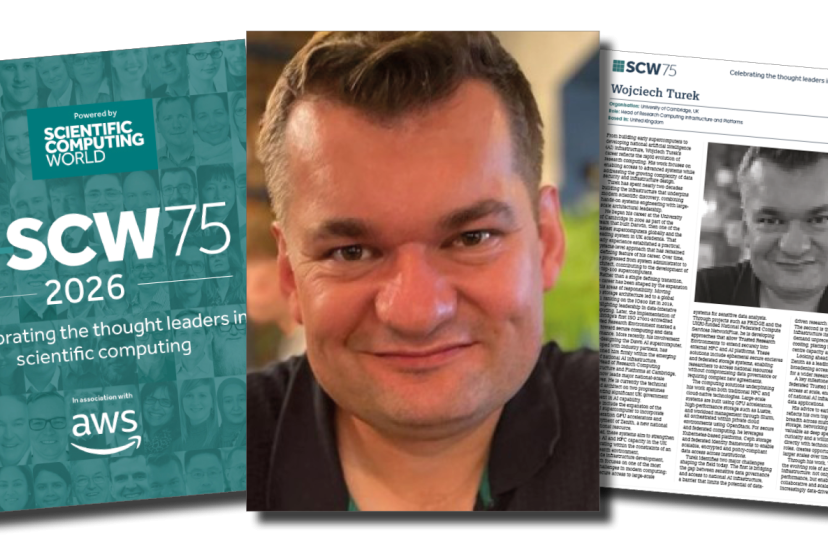 An image of a man flanked by the copver and an internal page from the Scientific Computing World 75 (SCW75)