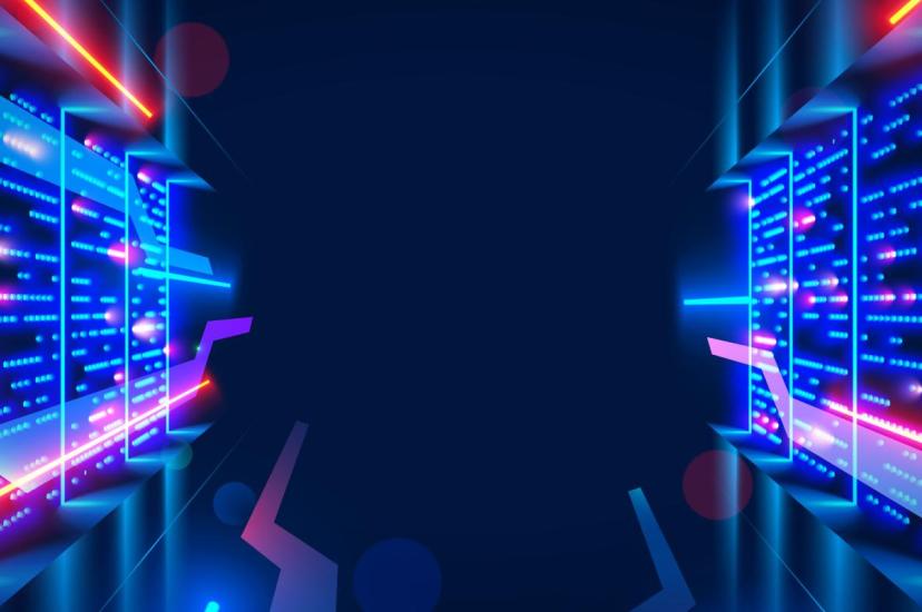 Graphic portraying computational power, represented by red and blue rays, across data centre panels on either side of a corridor.