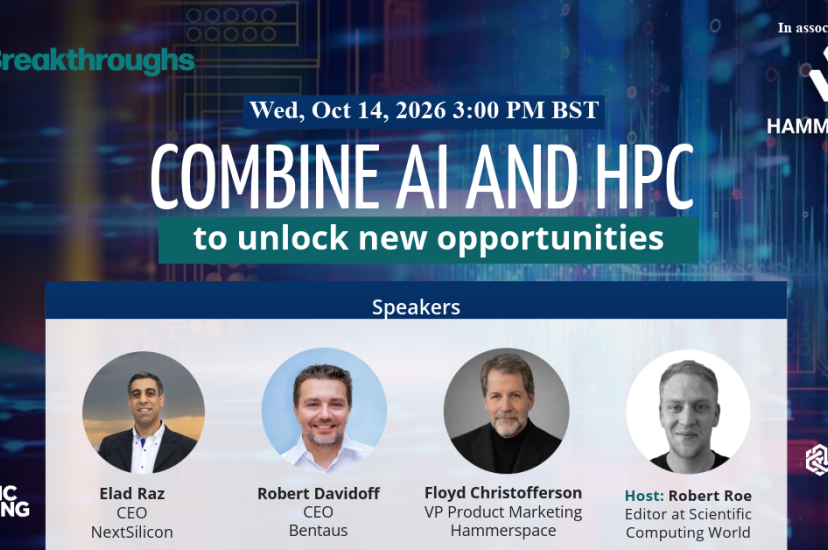 Panel discussion graphic with heading 'Combine AI and HPC', with four speakers' headshot images, names and titles