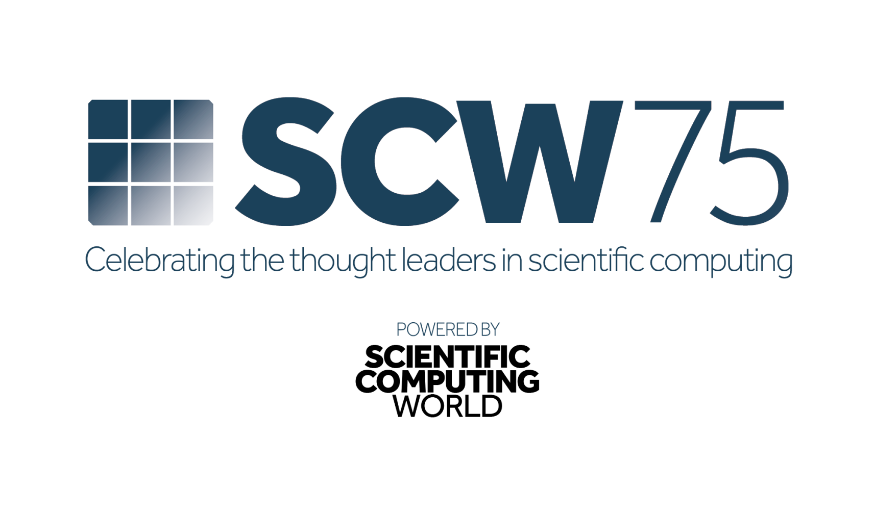 SCW75 logo. Blue text on a white backround that reads SCW75 -- Celebrating the thought leaders in scientific computing. Powered by Scientific Computing World
