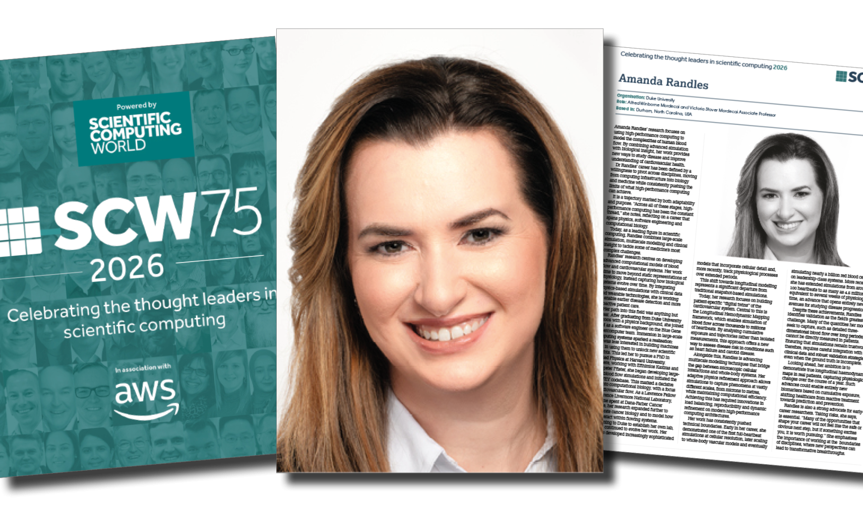 A headshot of Amanda Randles with the SCW75 profile next to it