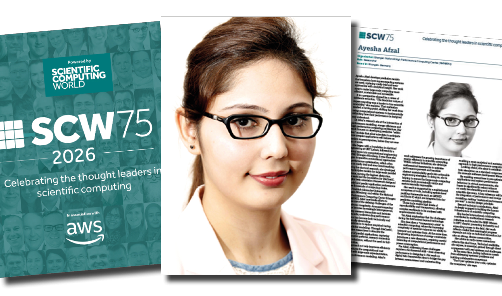A headshot of Ayesha Afzal with an image of her SCW75 profile