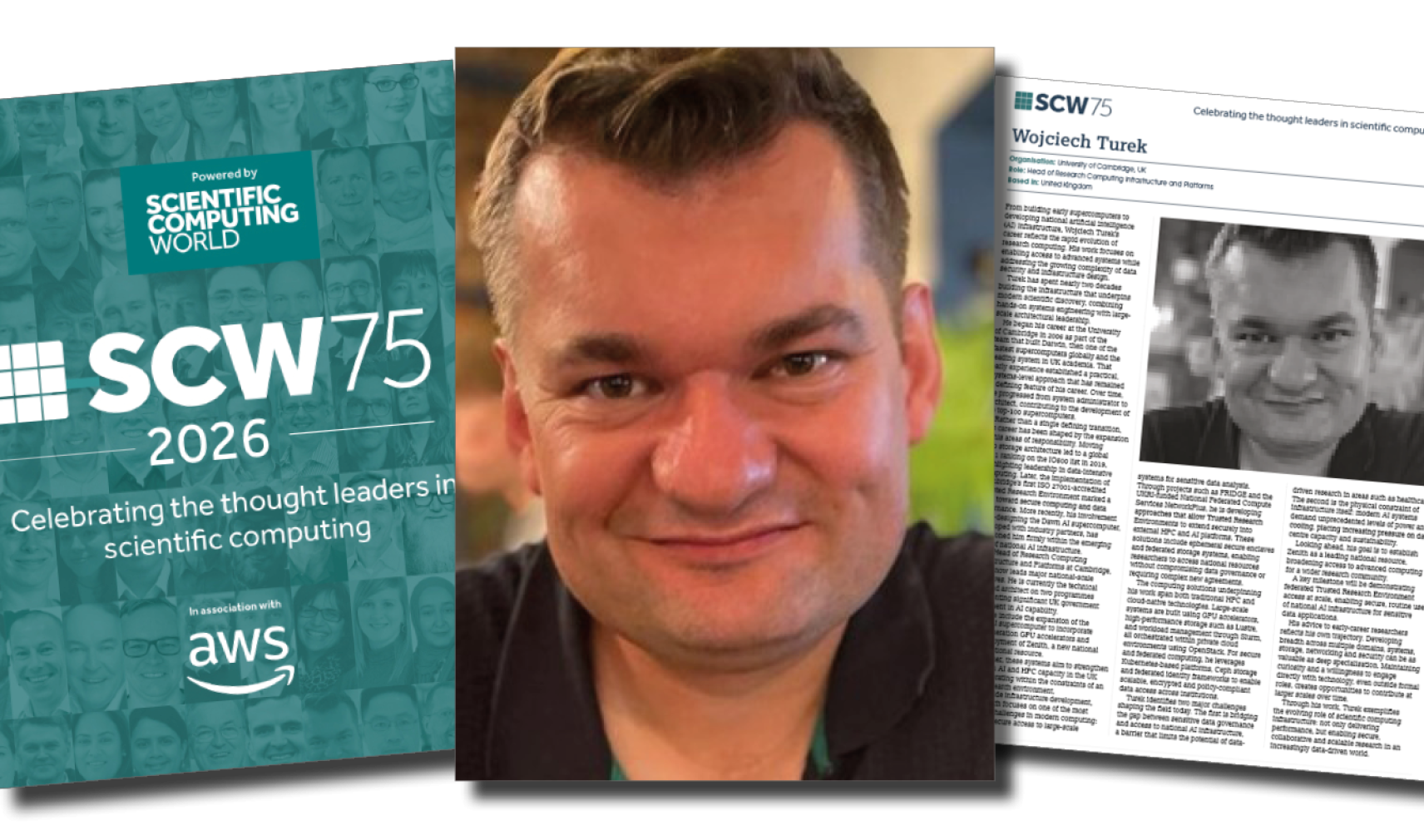 An image of a man flanked by the copver and an internal page from the Scientific Computing World 75 (SCW75)