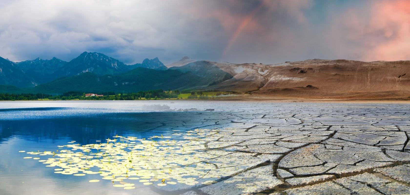 Landscape with mountains and a lake and a dried desert. Global climate change concept