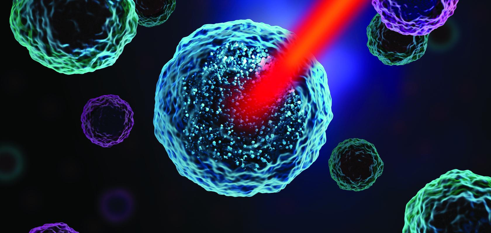 A graphic of a cell being destroyed by a laser