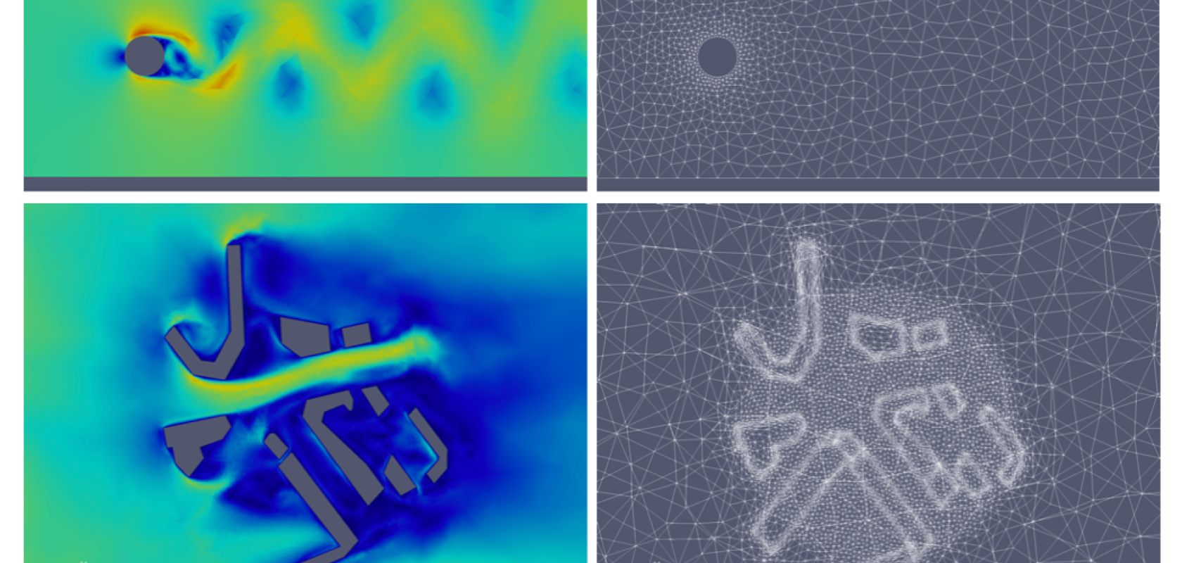 This shows two case studies used (and their respective mesh). You can see how dense the mesh is around the points of interest (cylinder). The top one is a traditional flow past the cylinder simulation (classical benchmark for these kinds of problems) and the bottom is a simulation including a small number of buildings (near Elephant and Castle, London). The latter mimics air pollution due to stationary vehicles. Both are 3D simulations.