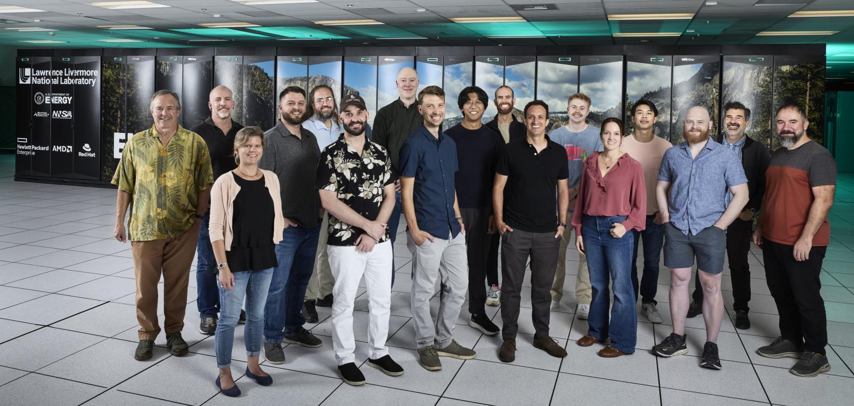 Members of the ICECap team pose in front of Lawrence Livermore National Laboratory’s exascale-class El Capitan supercomputer.