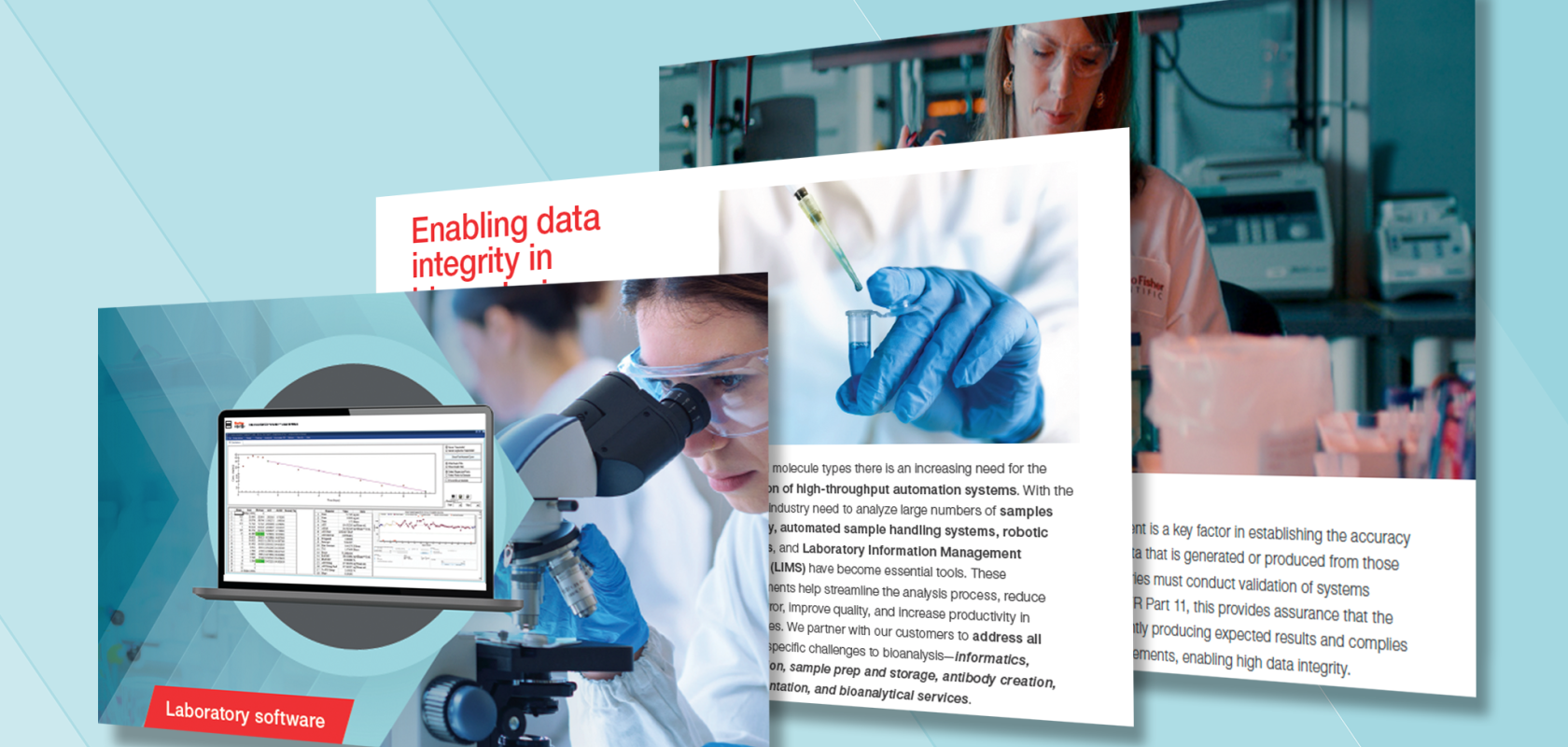 Laboratory scientists and LIMS software interface showing bioanalytical workflow and data integrity processes