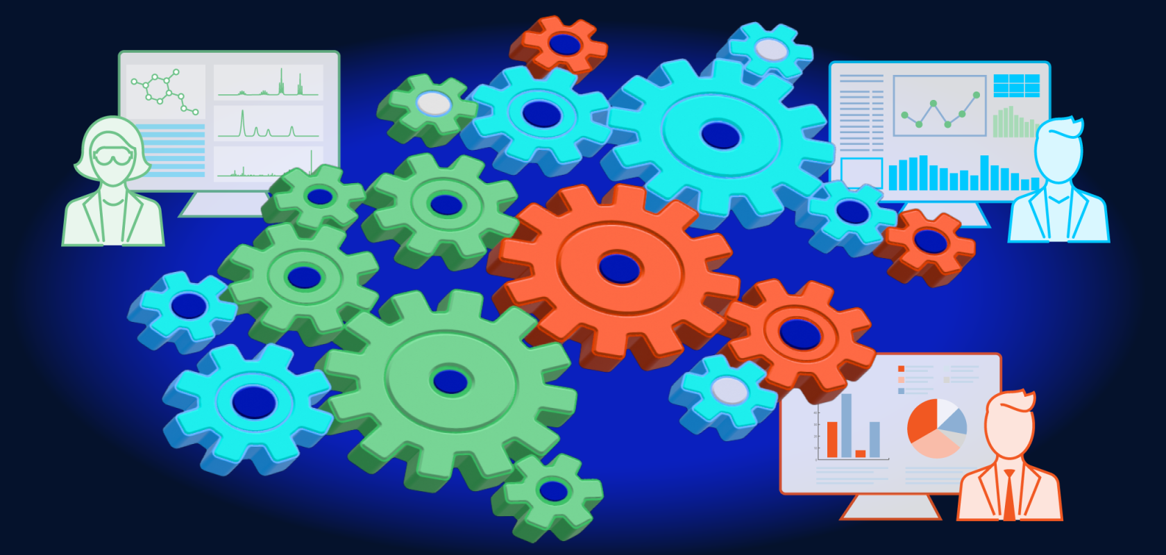 Conceptual diagram showing the flow of analytical data from laboratory instruments through automated processing pipelines to unified study records, with scientists controlling workflow configuration through an intuitive interface