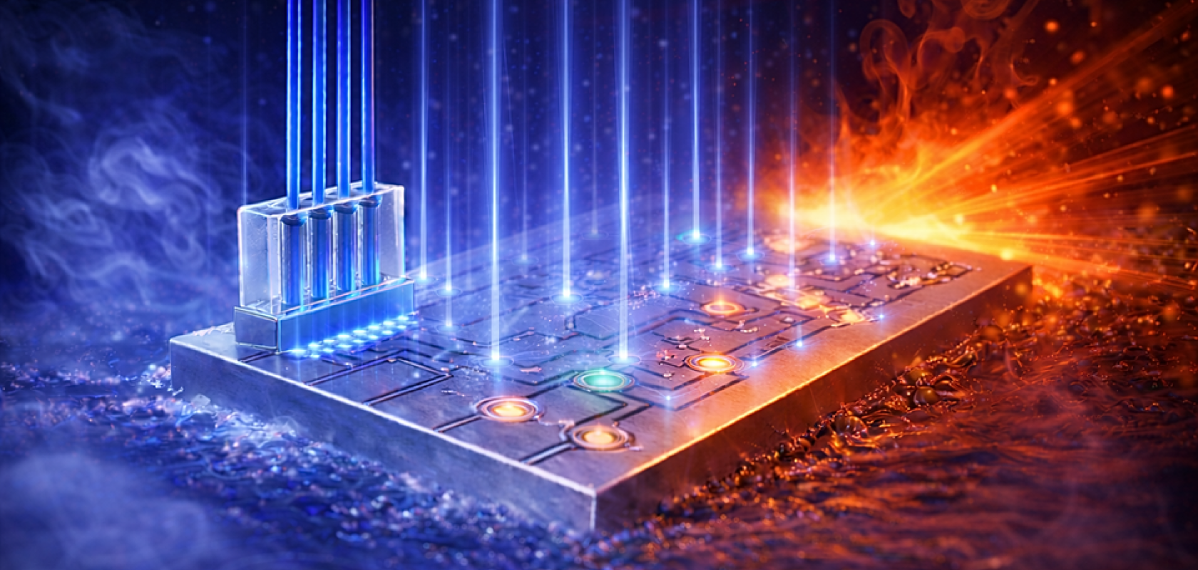 Illustration of a photonic integrated circuit, with components bonded using a technique that enables the circuit to survive and operate in extreme environments.
