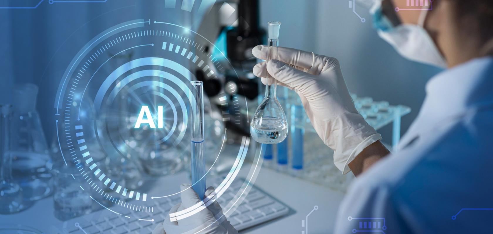 A scientist using a microscope with the words 'AI' on display.