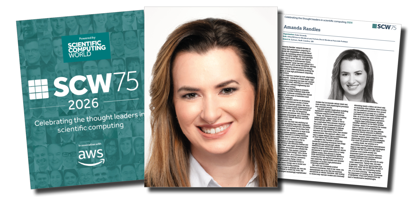 A headshot of Amanda Randles with the SCW75 profile next to it