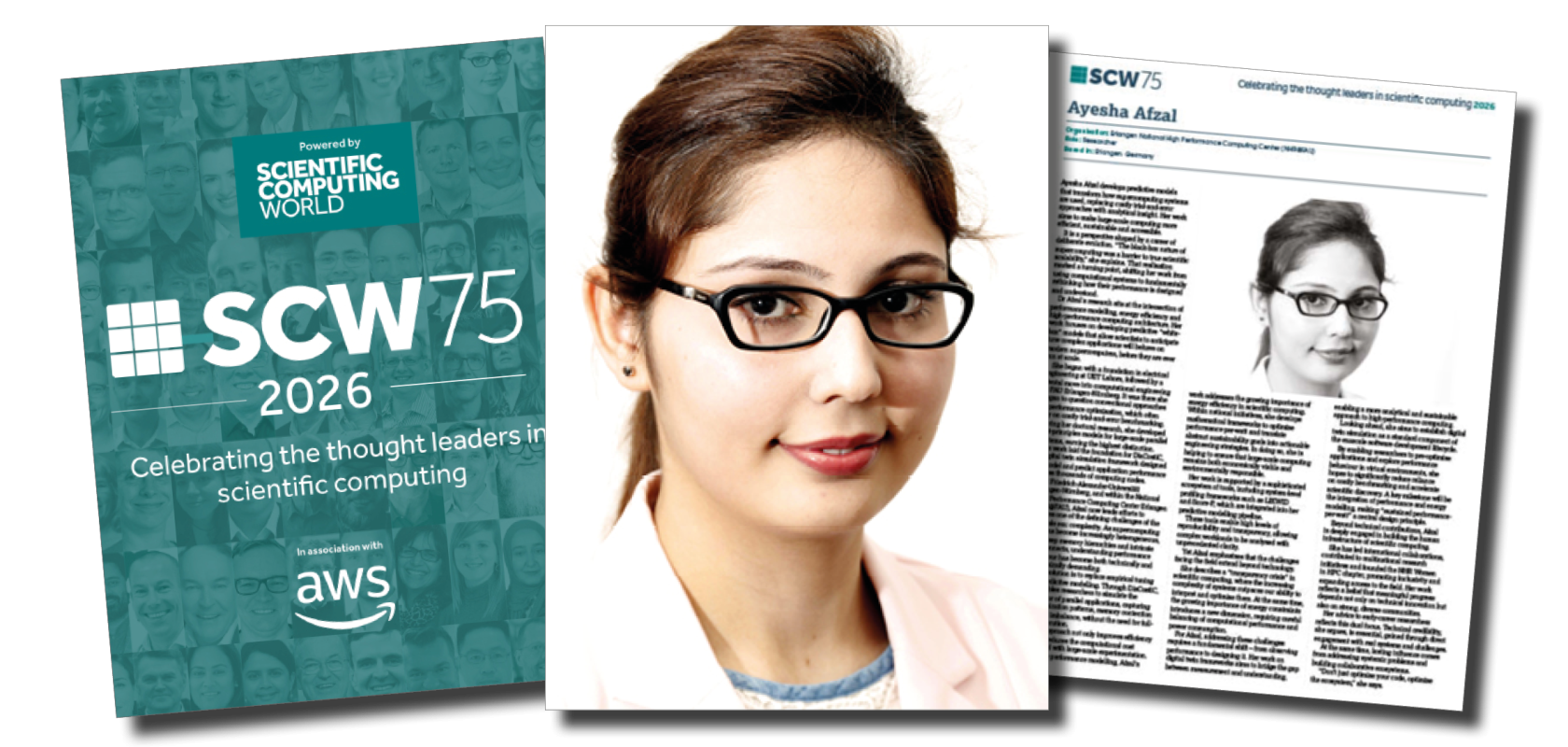 A headshot of Ayesha Afzal with an image of her SCW75 profile