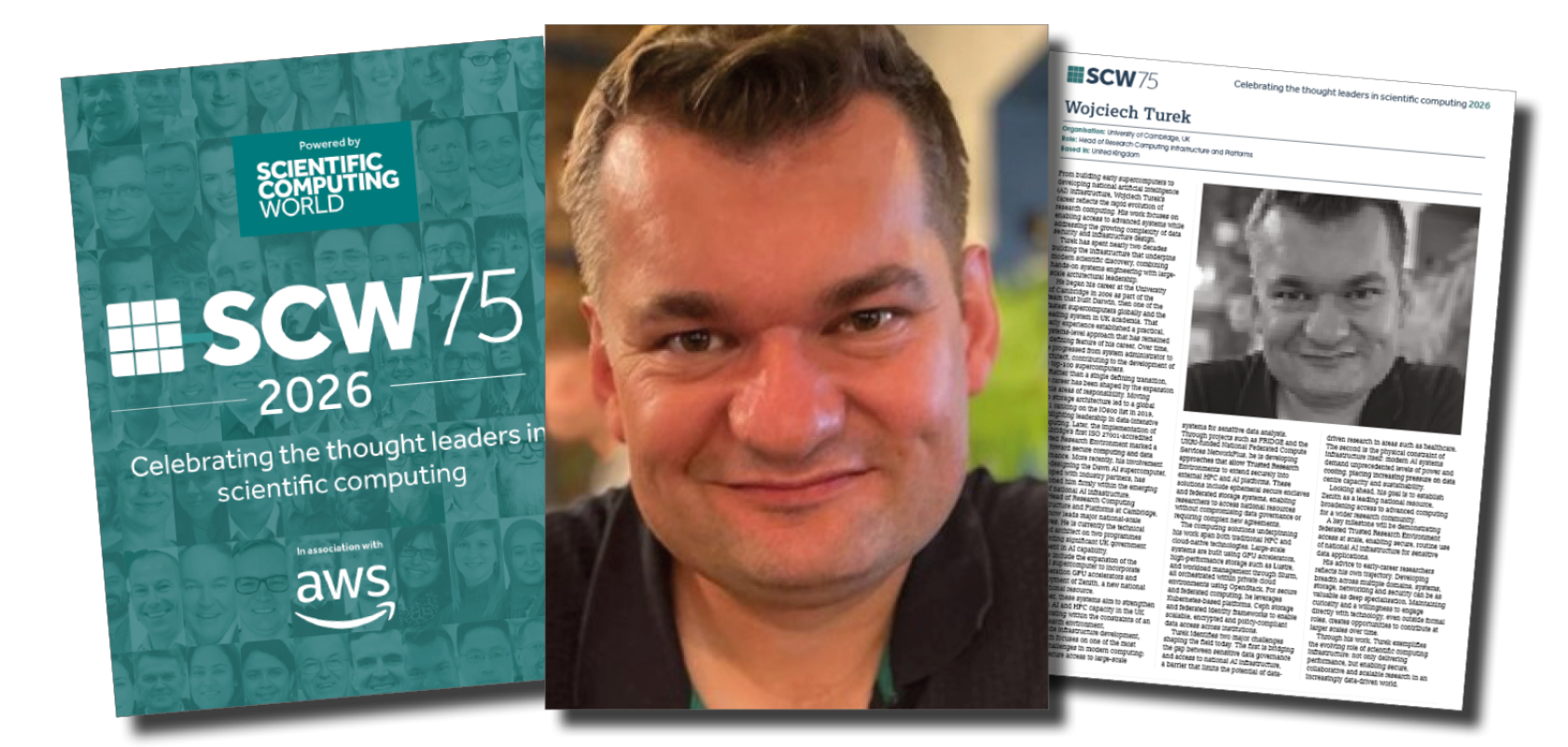 An image of a man flanked by the copver and an internal page from the Scientific Computing World 75 (SCW75)