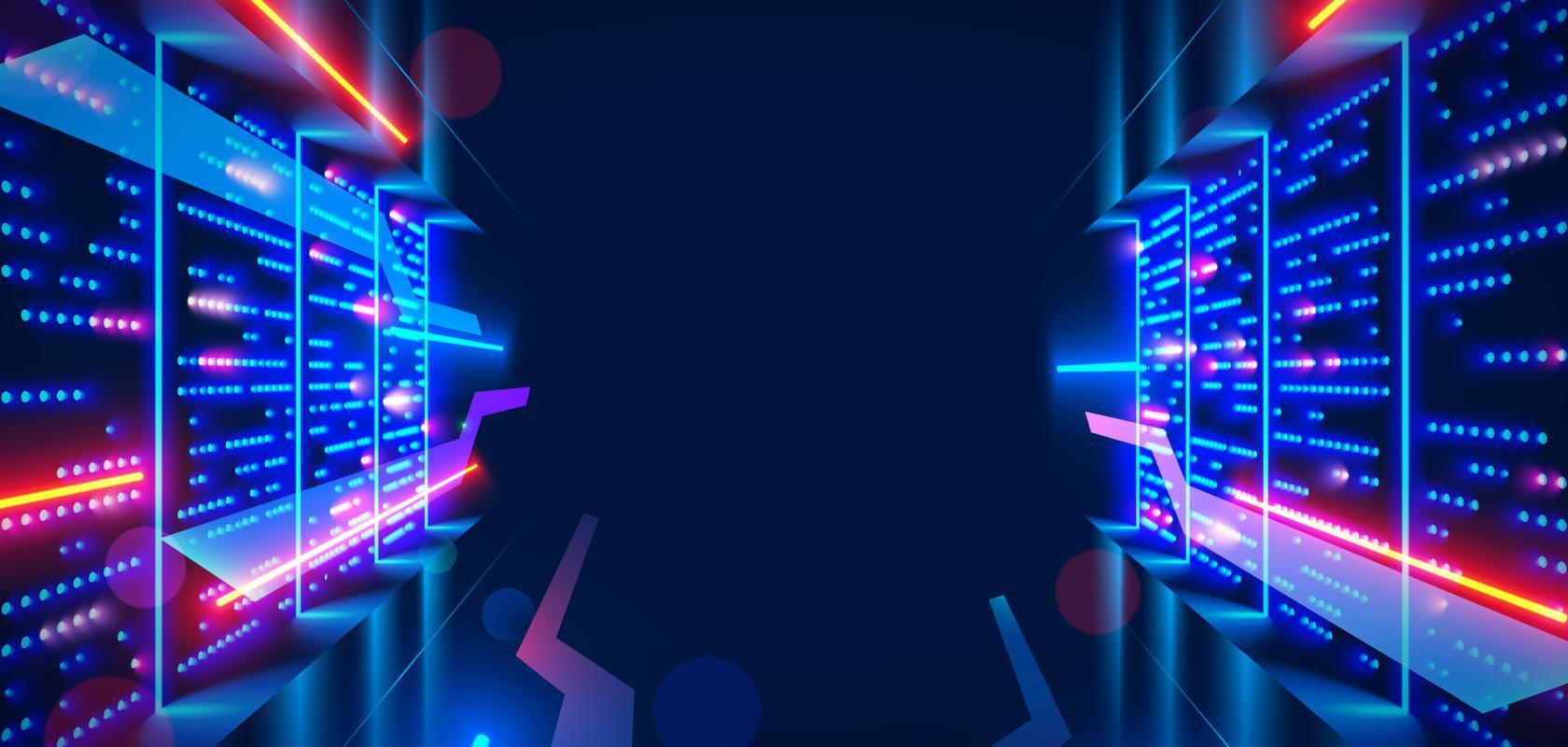 Graphic portraying computational power, represented by red and blue rays, across data centre panels on either side of a corridor.
