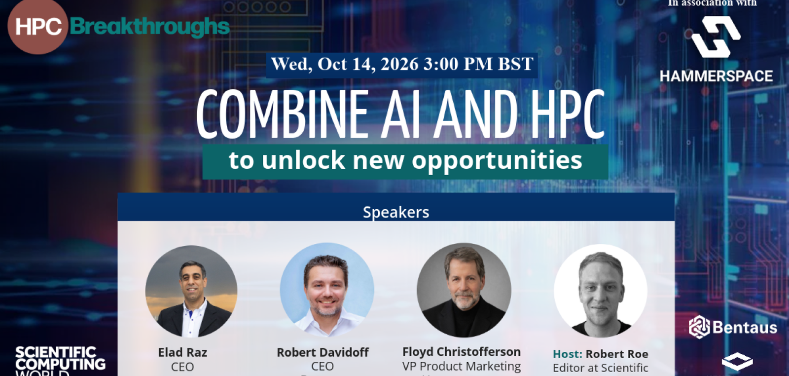 Panel discussion graphic with heading 'Combine AI and HPC', with four speakers' headshot images, names and titles