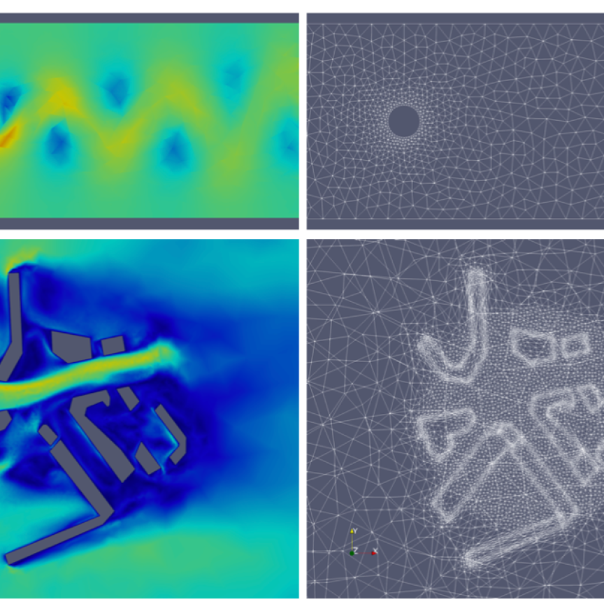 This shows two case studies used (and their respective mesh). You can see how dense the mesh is around the points of interest (cylinder). The top one is a traditional flow past the cylinder simulation (classical benchmark for these kinds of problems) and the bottom is a simulation including a small number of buildings (near Elephant and Castle, London). The latter mimics air pollution due to stationary vehicles. Both are 3D simulations.