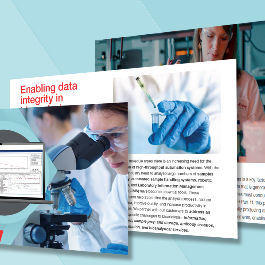 Laboratory scientists and LIMS software interface showing bioanalytical workflow and data integrity processes