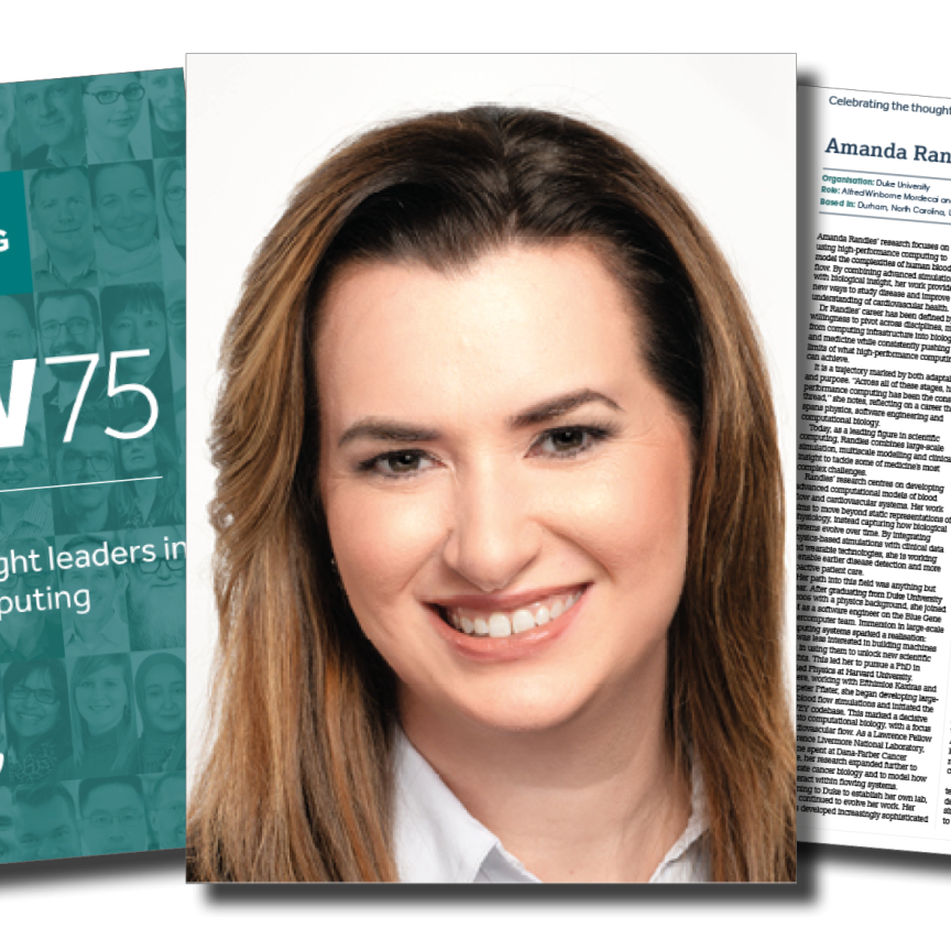 A headshot of Amanda Randles with the SCW75 profile next to it