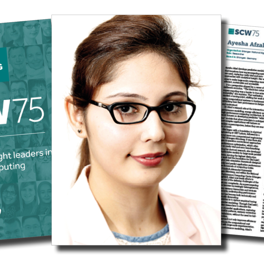 A headshot of Ayesha Afzal with an image of her SCW75 profile