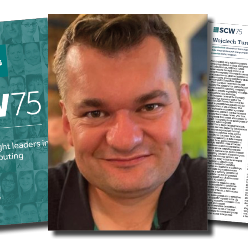 An image of a man flanked by the copver and an internal page from the Scientific Computing World 75 (SCW75)